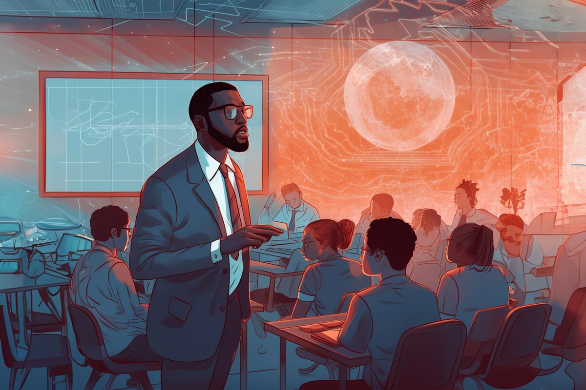 University professor teaching in a high-tech classroom emphasizing AI and technology integration