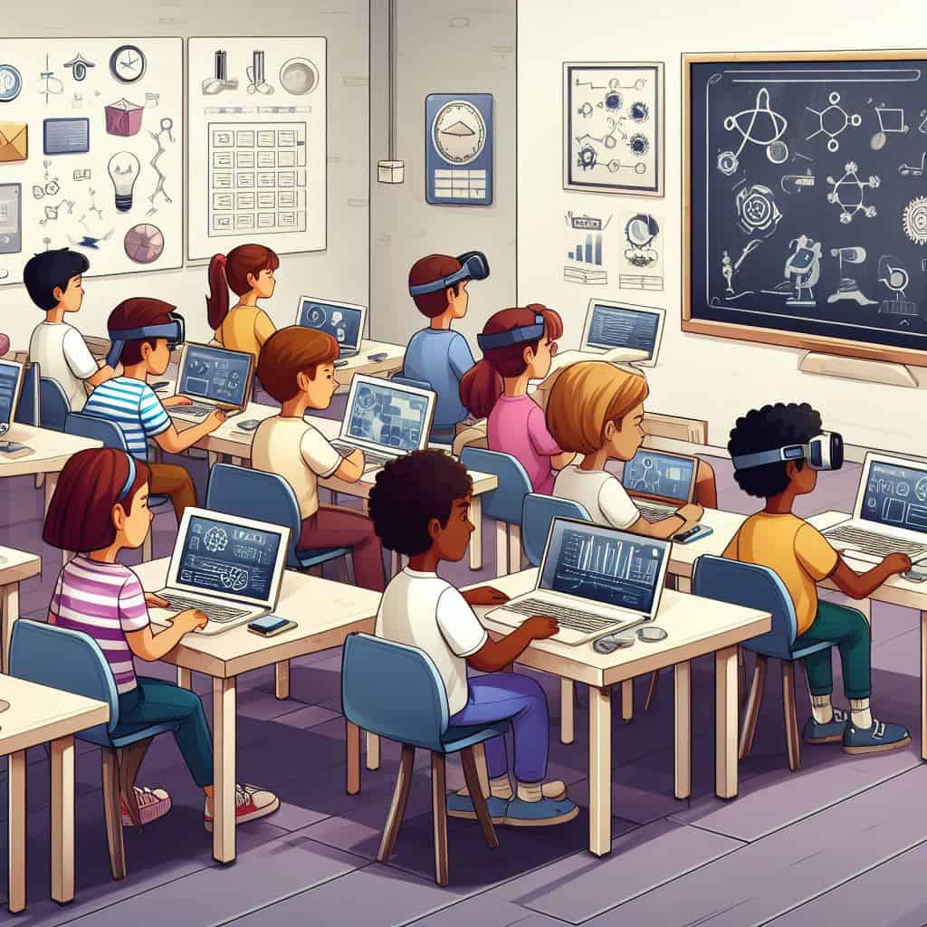 Students in a tech-enabled classroom using laptops and VR headsets to engage with scientific and AI-related content
