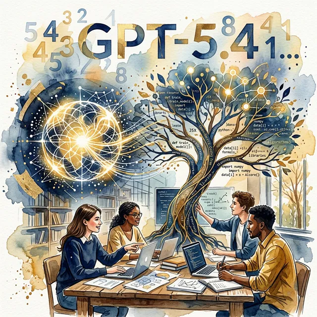 Abstrakcyjny kolaż przedstawiający model GPT-5.4 współpracujący z kodem.