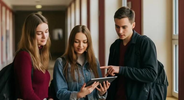 Zafascynowani polscy studenci analizujący dane z modeli AI na kampusie UEK