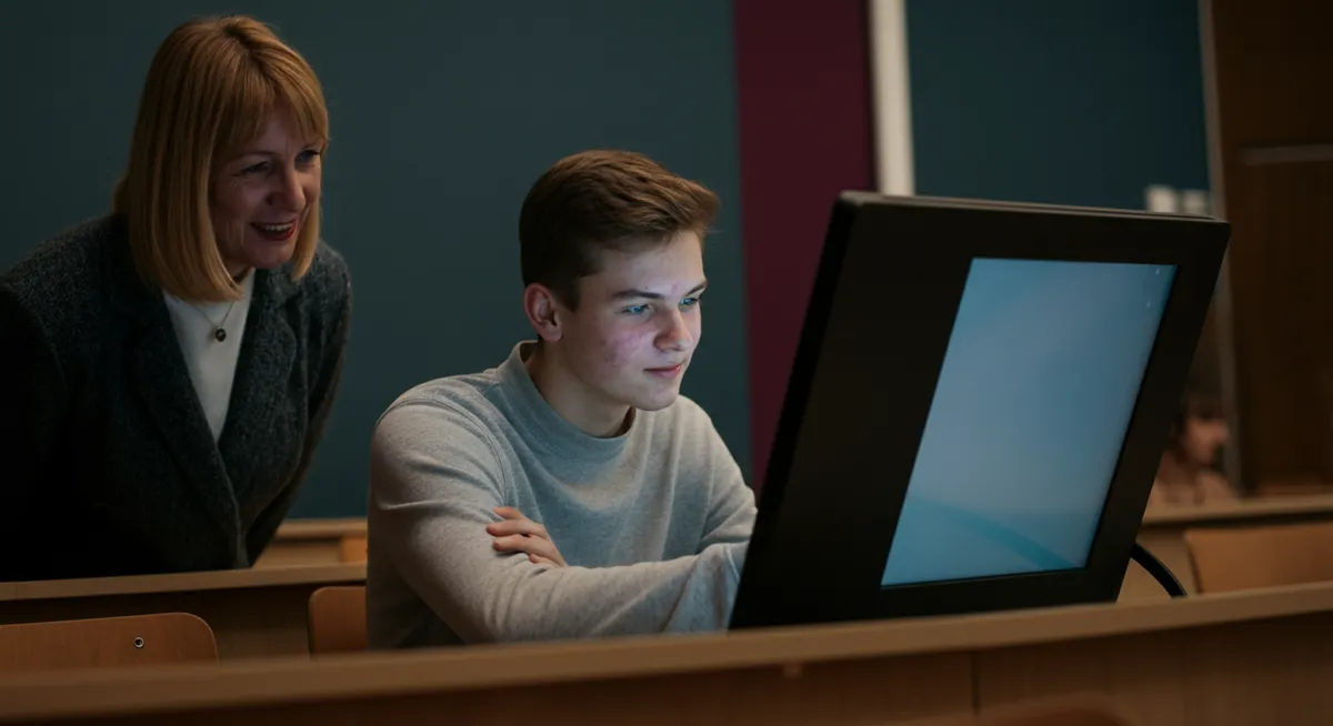 Wyraźnie zaangażowany uczeń współpracujący z optymistycznym nauczycielem