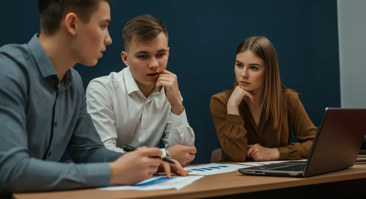 Zaangażowana dyskusja studentów biznesu o giełdzie