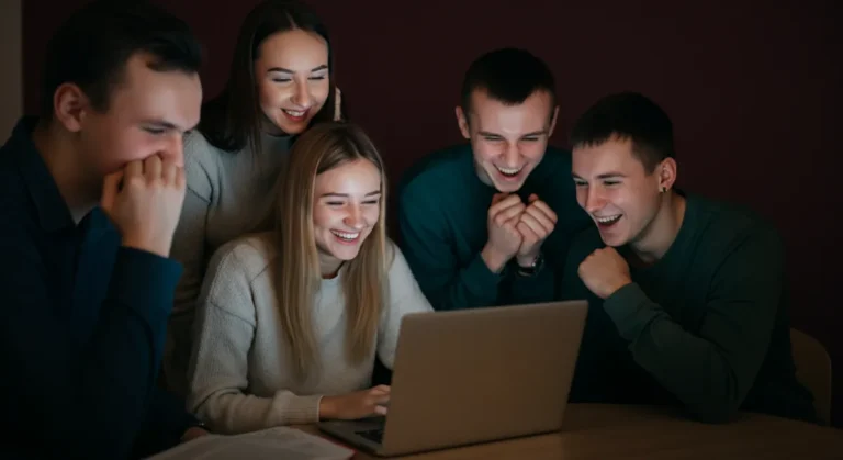 Uśmiechnięci polscy studenci pełni emocji współpracujący nad innowacyjnym projektem