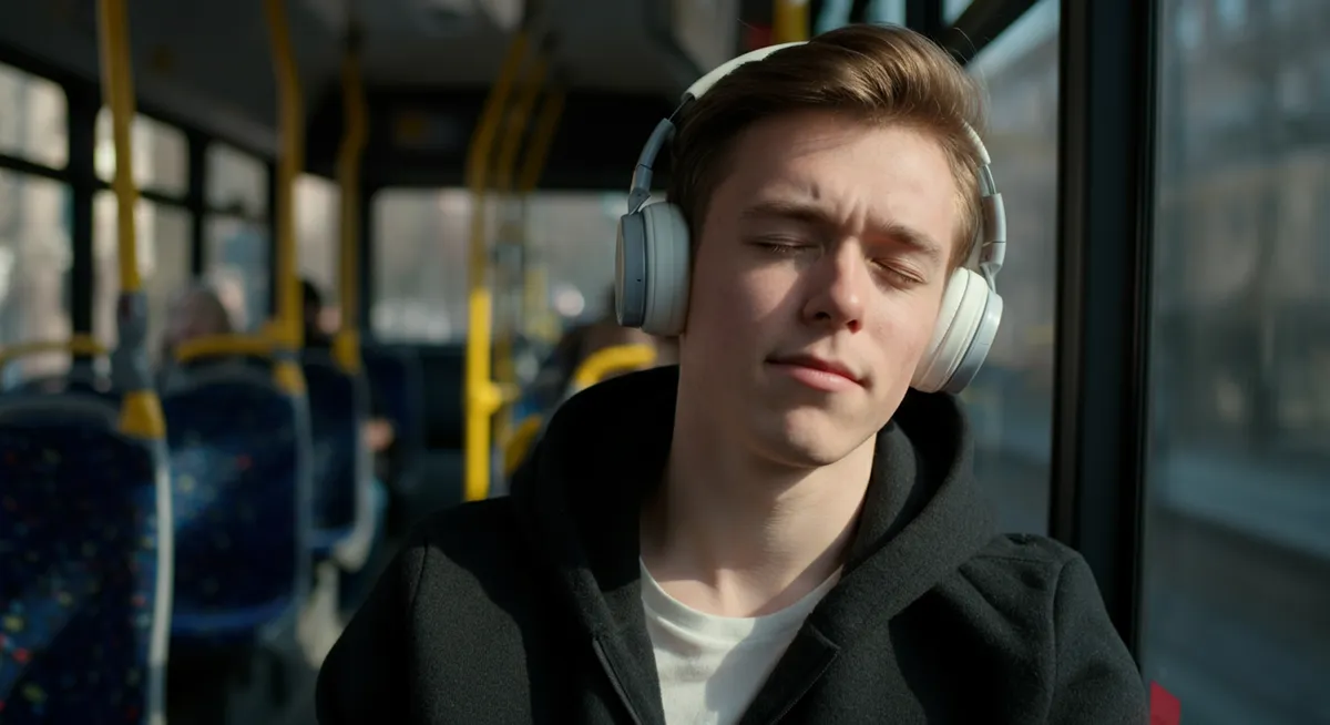 Zamyślony polski student w autobusie słuchający uważnie podcastu