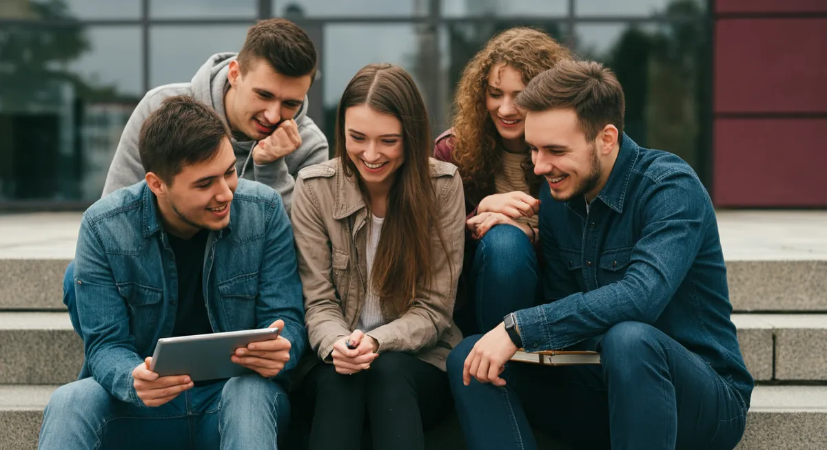 Grupa znajomych ze studiów żywiołowo dzieląca się wiedzą z tabletów