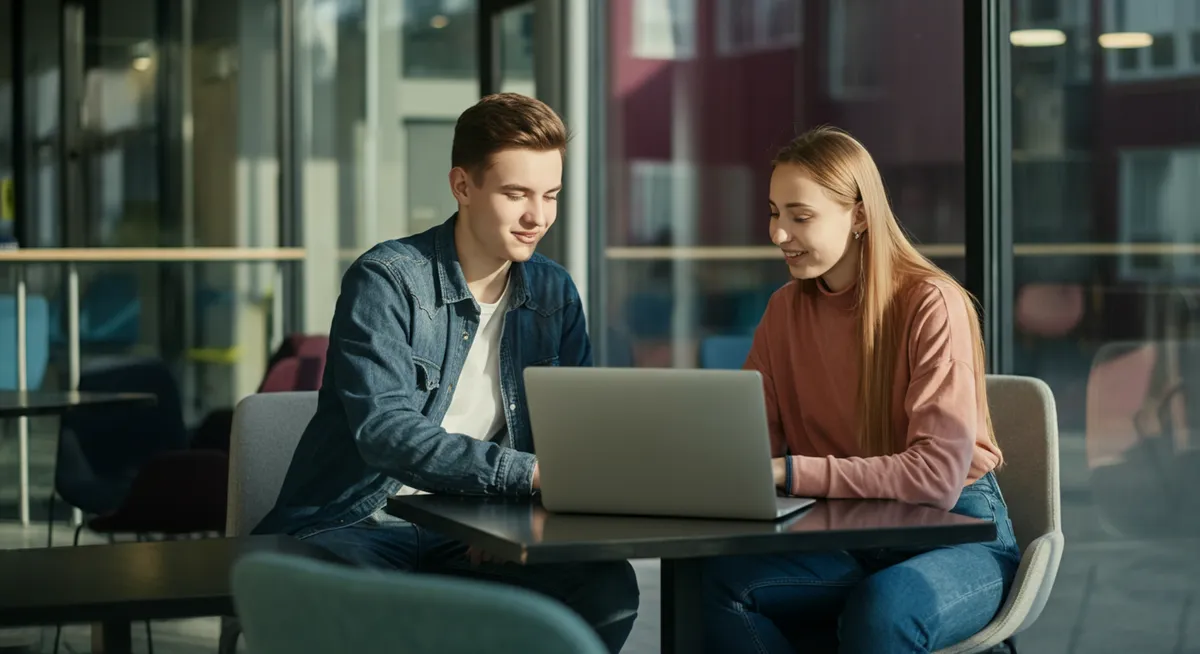 Uśmiechnięci studenci wspólnie uczący się do sesji przy użyciu laptopa