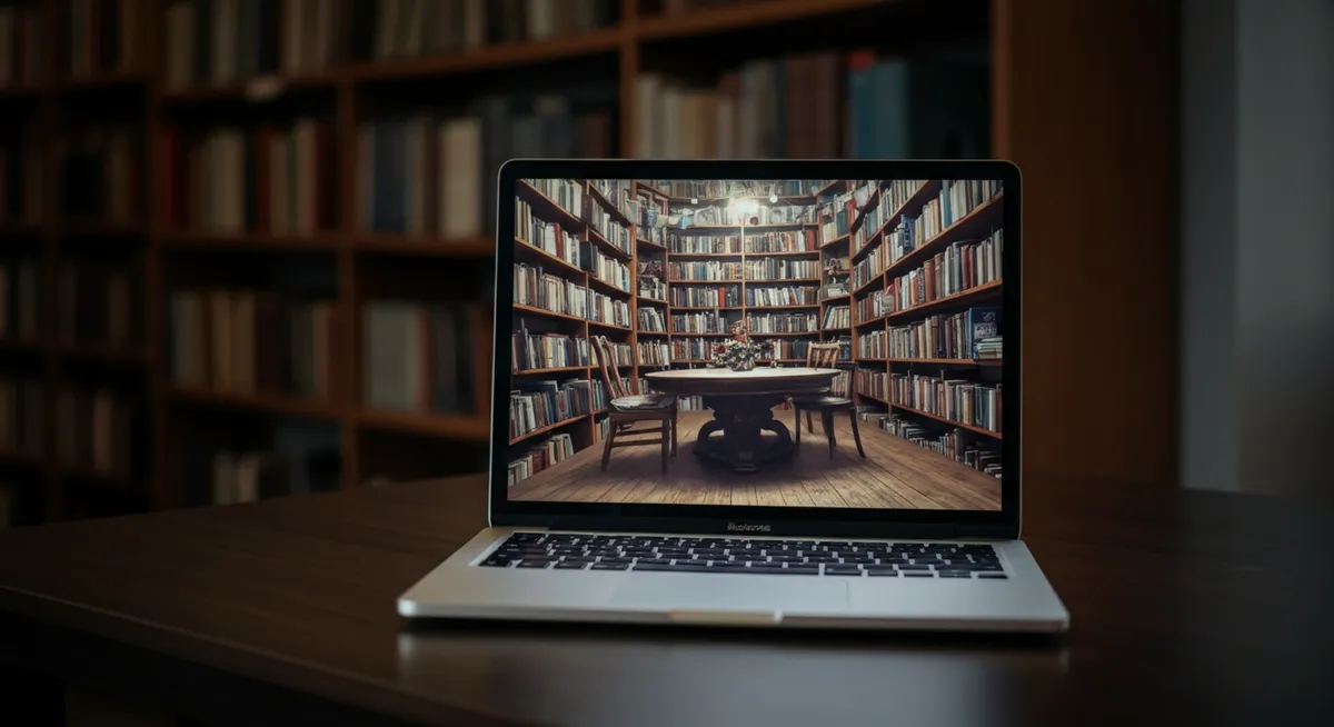 Szybki rzut oka na nowości technologiczne, praca z laptopem w jasnej bibliotece