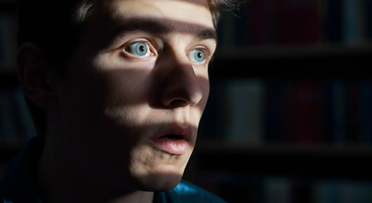 Student przeżywający olśnienie w kontakcie z potężną bazą danych