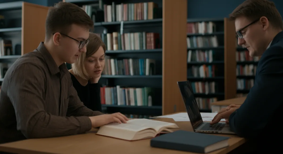 Wykładowca czytający cyfrowe zasoby w bibliotece uniwersyteckiej