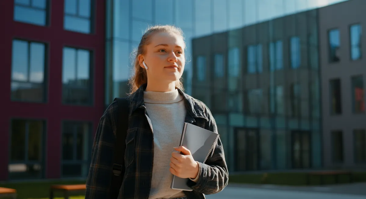 Student jadący pociągiem i z uwagą słuchający podcastu o technologii