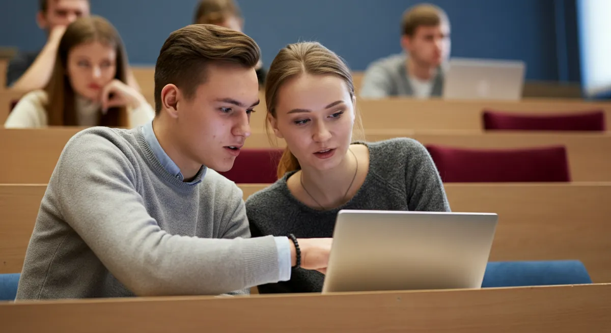 Wykładowca i studenci podczas ożywionej dyskusji w sali wykładowej