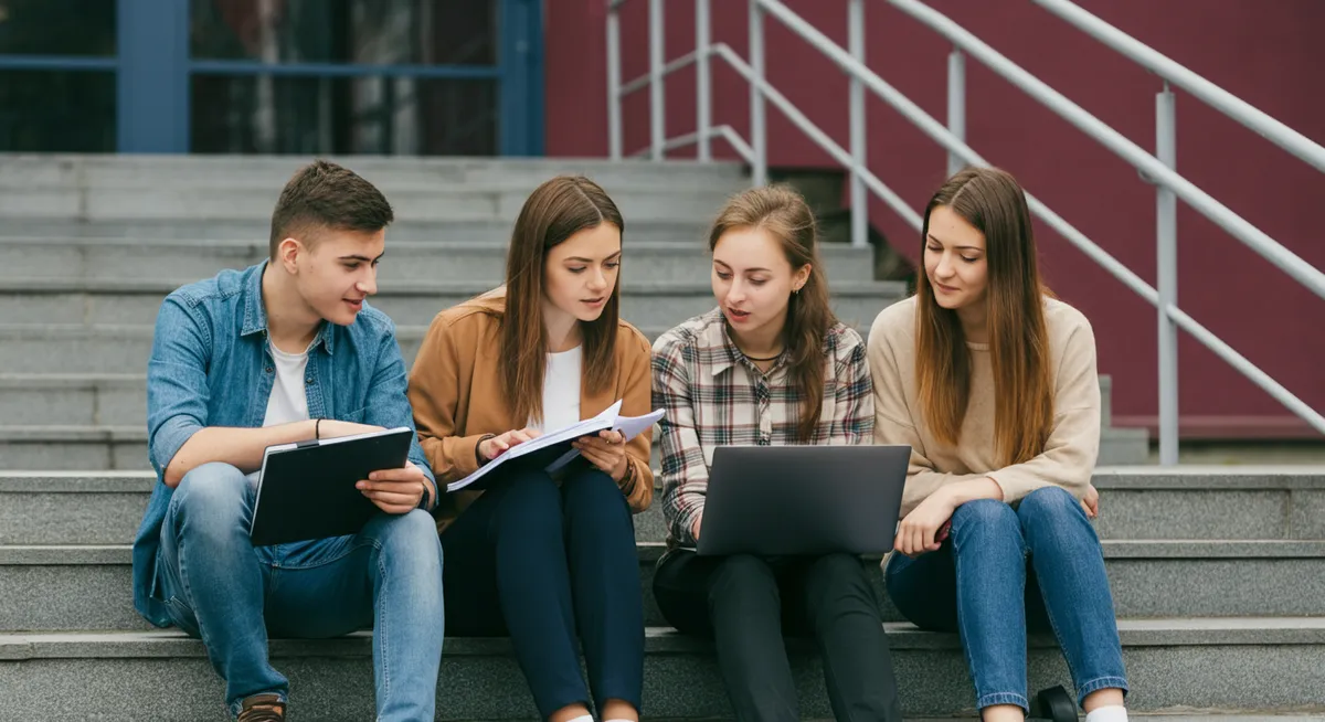 Książki, laptop i studenci współpracujący przy analizie AI