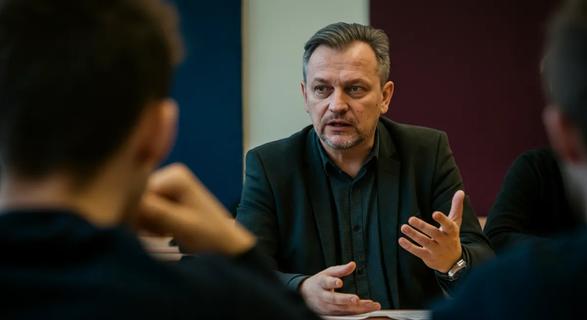 Profesor wyjaśnia zarządzanie agentami AI w sali wykładowej