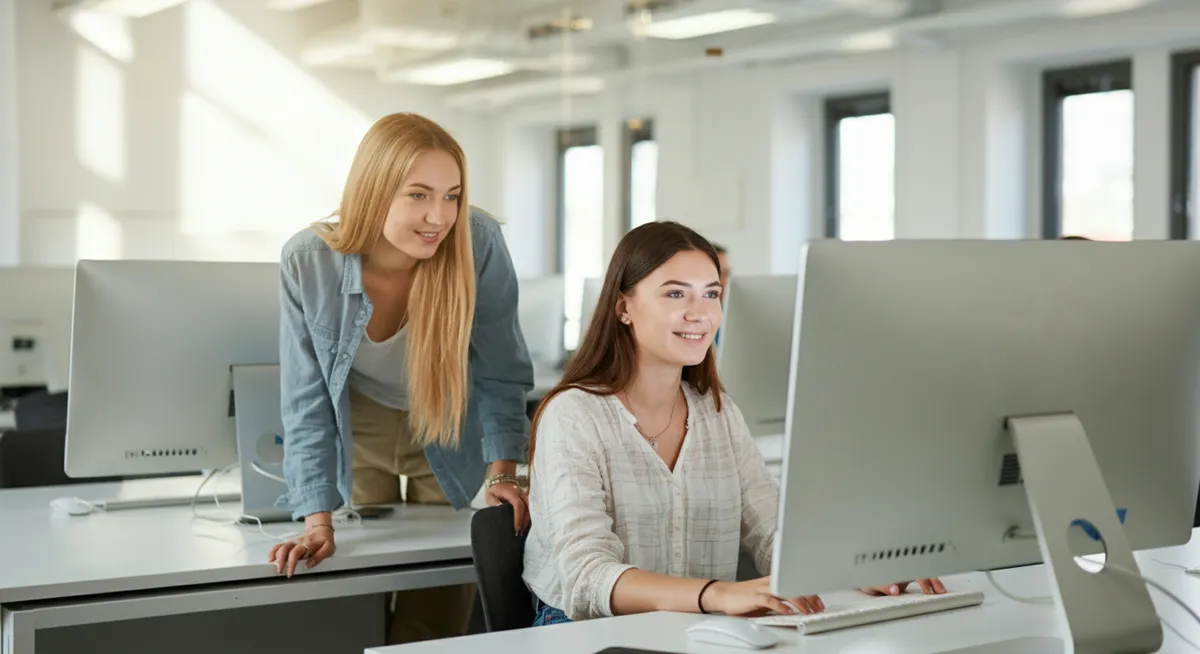 Młodzi badacze w jasnym, nowoczesnym laboratorium informatycznym na UEK
