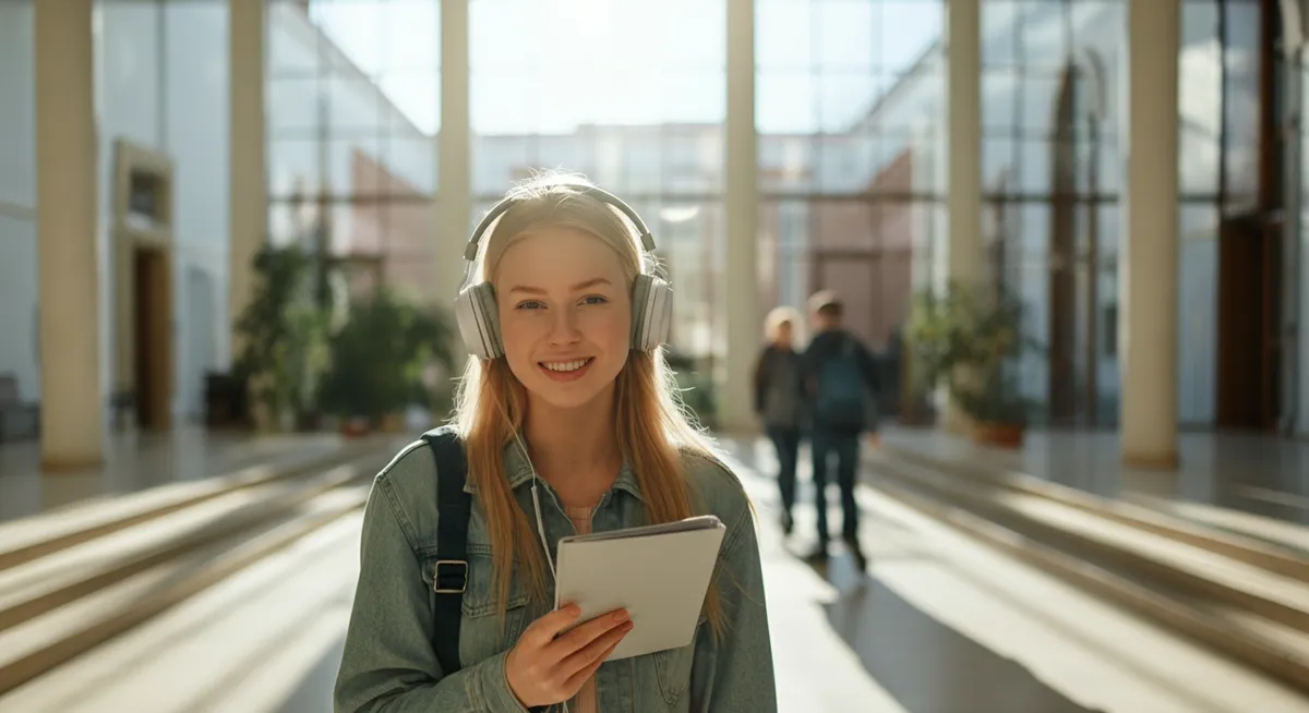 Zadowolony student słuchający podcastu na tle wspaniałego kampusu uczelni