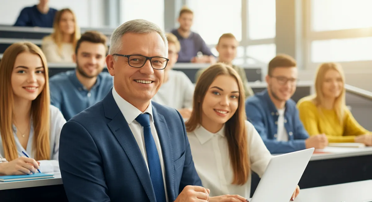 Wykładowca pokazujący studentom statystyki na tle pięknej, nowoczesnej sali