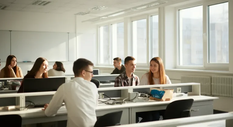 Studenci UEK przy biurku rozmawiający o najnowszych wycenach spółek technologicznych