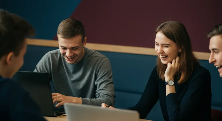 Studenci z uśmiechem dyskutujący nad nowymi modelami AI w kampusie