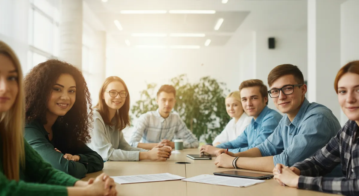 Jasna sala konferencyjna z naturalnie dyskutującymi studentami