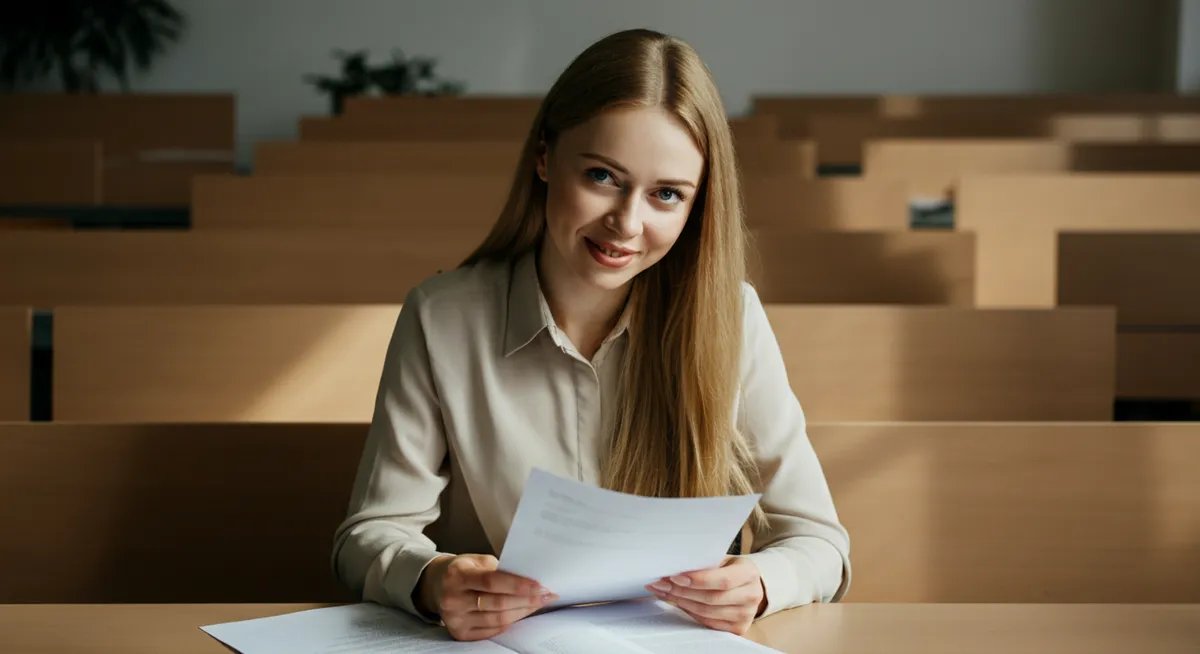 Czytelnia w świetle słonecznym i skupiona studentka prawa