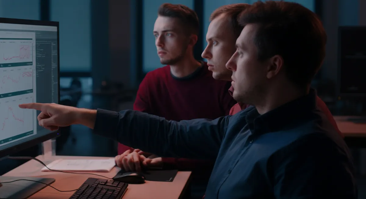 Zespół IT dyskutujący w biurze o destylacji modeli AI