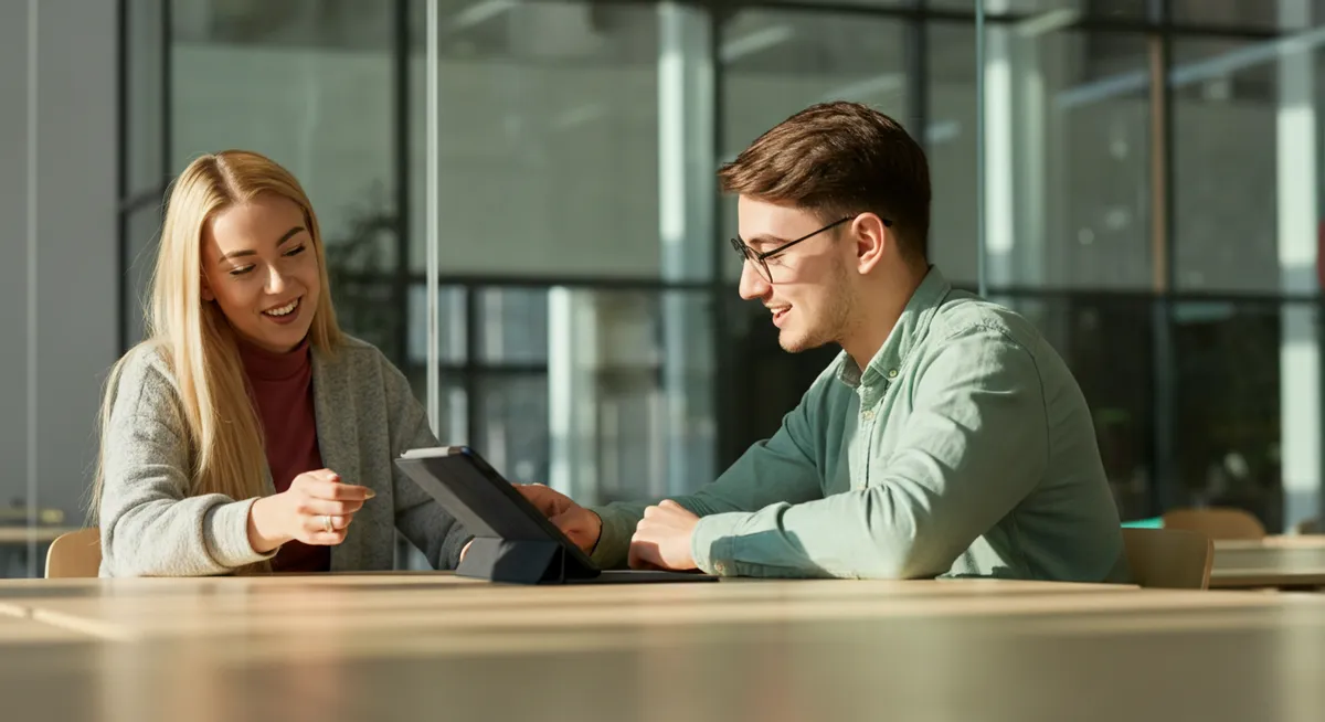 Two Polish students in a bright university library pointing at a data visual on a tablet.