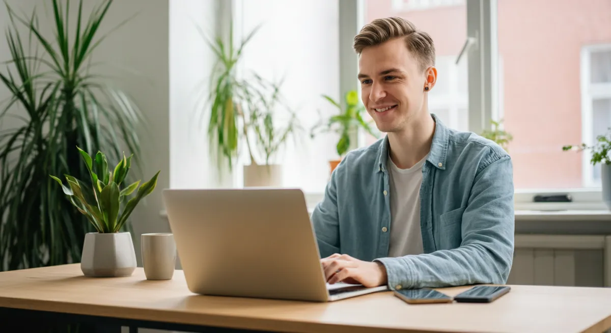 A young Polish developer smiling while looking at a laptop showing a clean, modern dashboard in a bright studio.