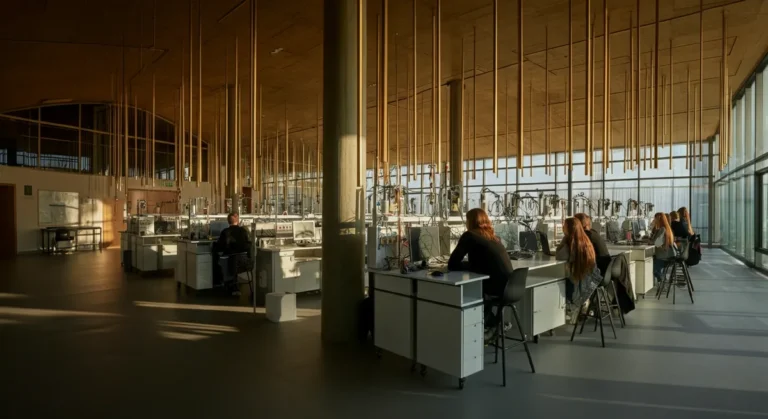 Nowoczesne laboratorium komputerowe z polskimi studentami pracującymi nad wdrożeniem modelu Claude Opus 4.8 w barwach UEK