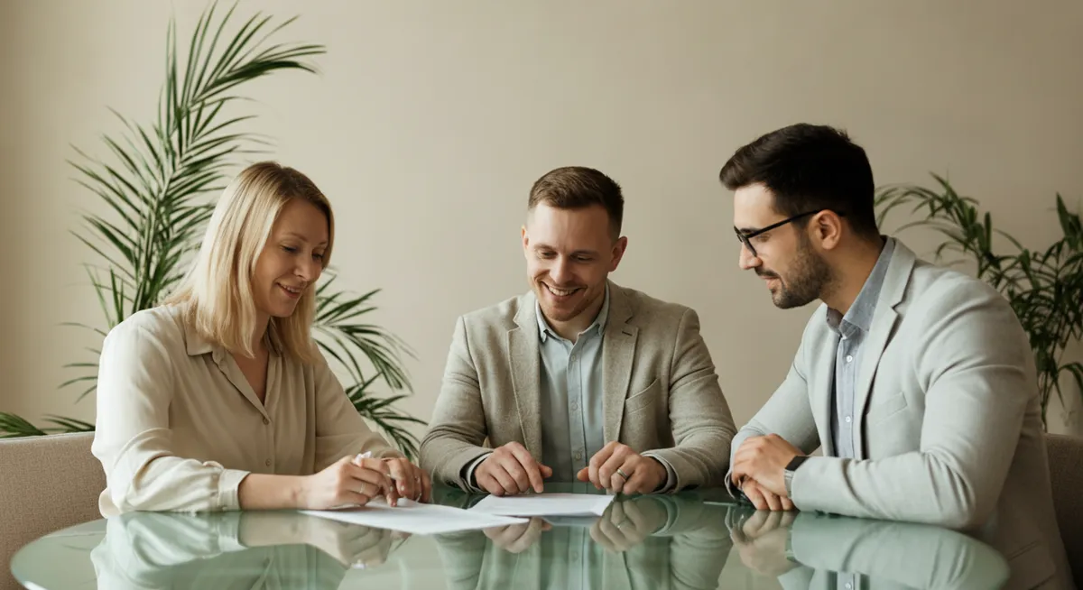 A bright meeting room where business experts are having a positive discussion around a table.