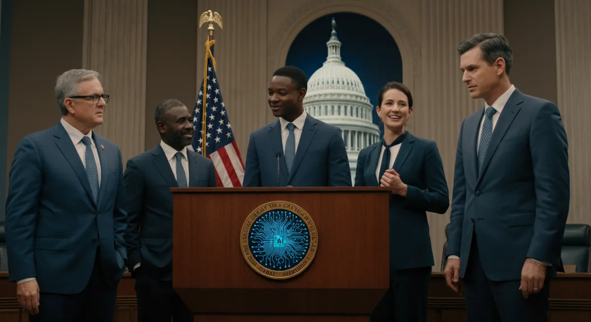 A bright government press room with experts discussing the Great American AI Act.
