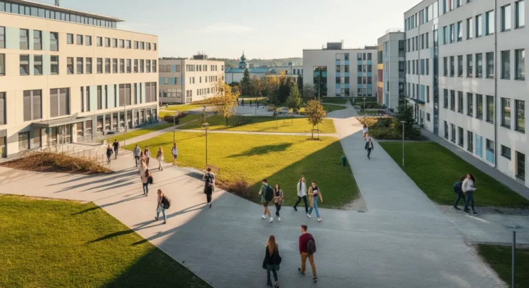 A breathtaking panoramic bird's-eye view of a modern university campus with students walking in bright pastel sunlight.