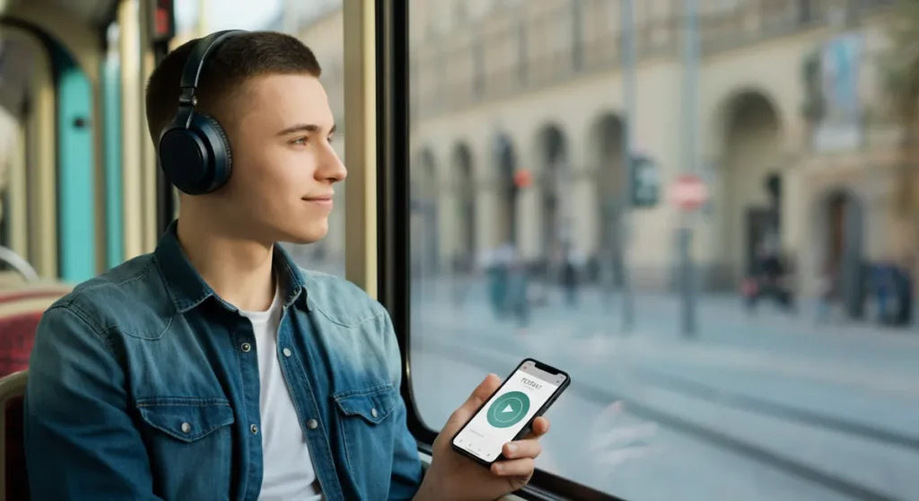 A crisp, sharp photo of a solo Polish student listening to a podcast on a tram in Krakow.
