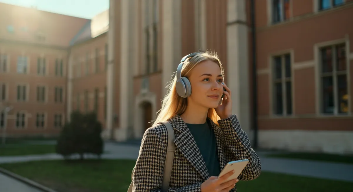 Polski student słuchający podcastu AI News przez słuchawki podczas spaceru po słonecznym kampusie UEK