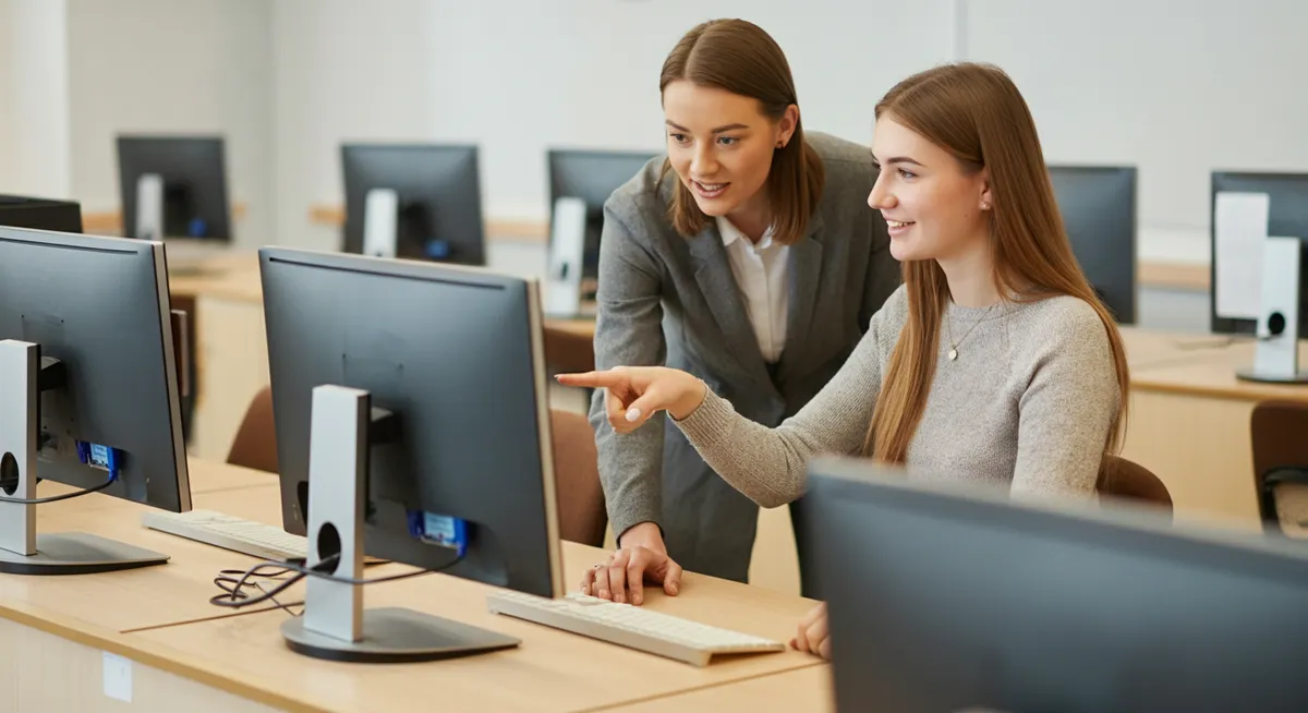 A young Polish lecturer showing a student how to use an interactive software tool in a bright class.