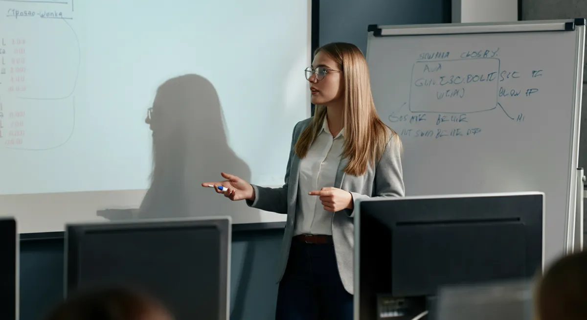 Nauczyciel akademicki UEK pokazujący studentom jak efektywnie korzystać z asystentów AI na zajęciach