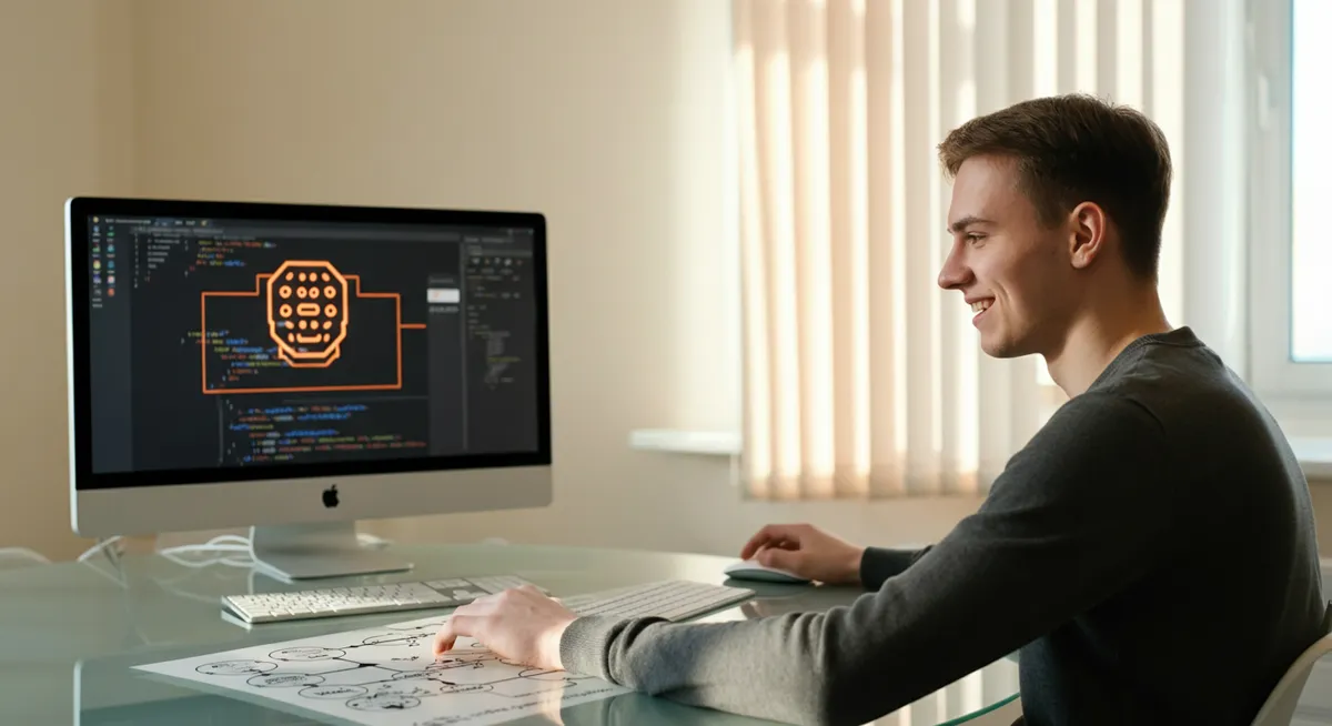 A young Polish programmer in a bright lab looking at a screen with code and a Claude AI logo.