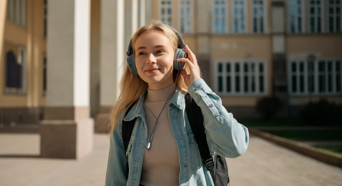 Student słuchający wydania podcastu AI News UEK w drodze na zajęcia na kampusie Uniwersytetu Ekonomicznego w Krakowie