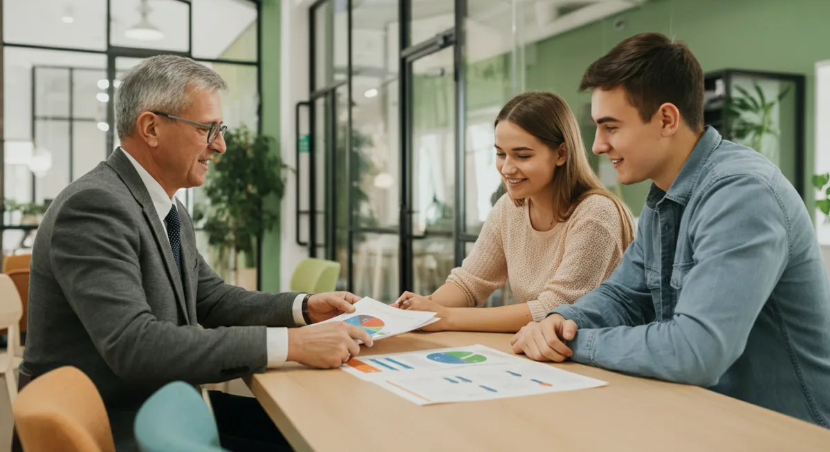 A bright, premium student lounge with a Polish professor and students smiling and discussing a weekly report.