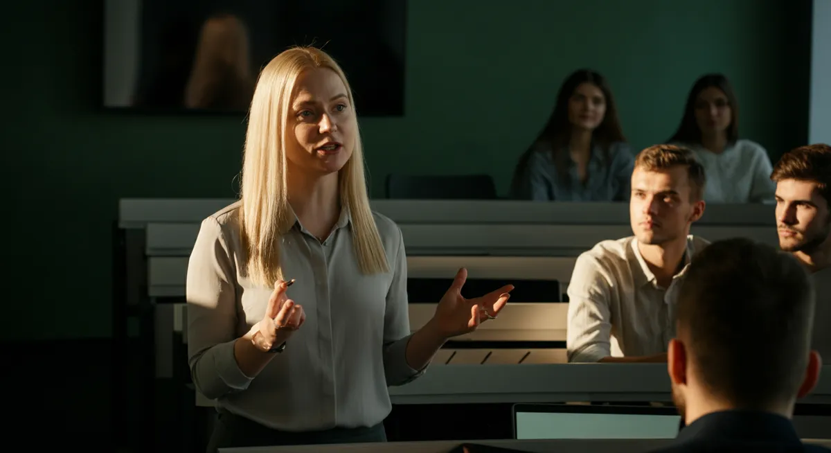 Professor explaining AI integration methods on a digital screen to Polish students