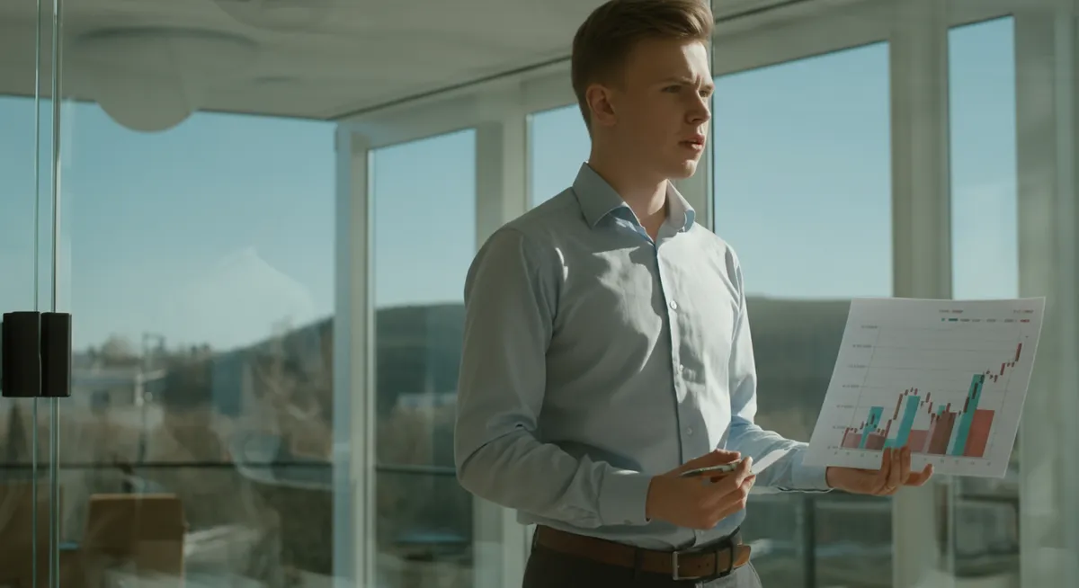 Financial analyst looking at graphs of valuation growth in a sunny boardroom