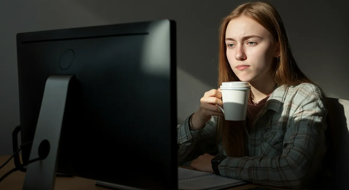 Polish developer thinking critically about code suggestions on a monitor screen