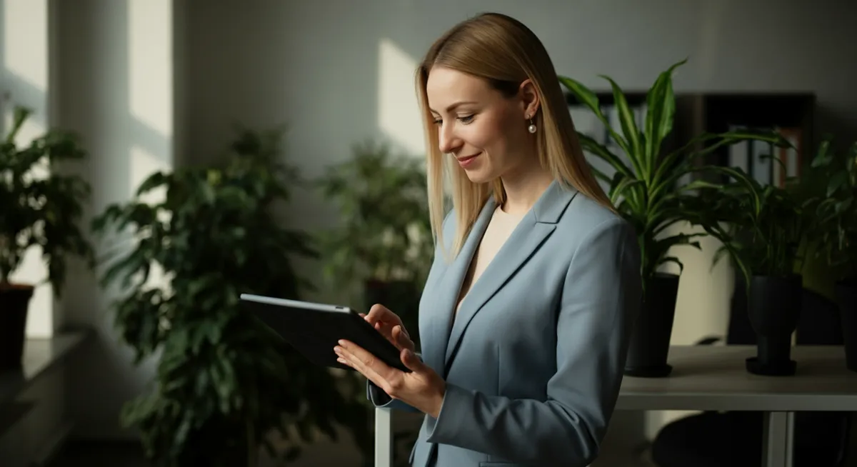 University administrator using a tablet with Gemini Spark assistant in a bright office