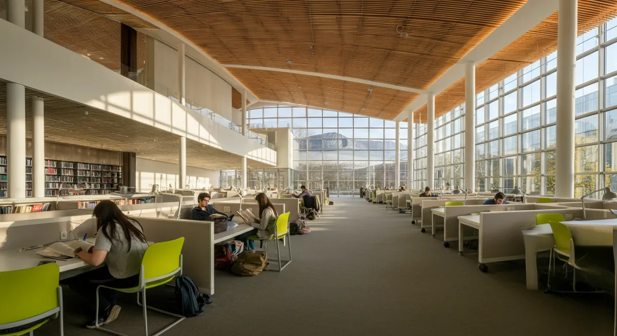 A modern library with study desks and computers bathed in soft natural light