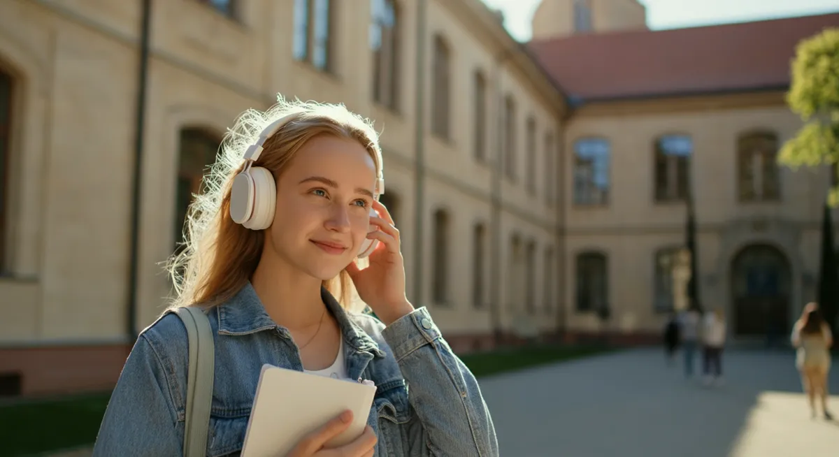 Polish student in headphones listening to a podcast on a sunlit campus