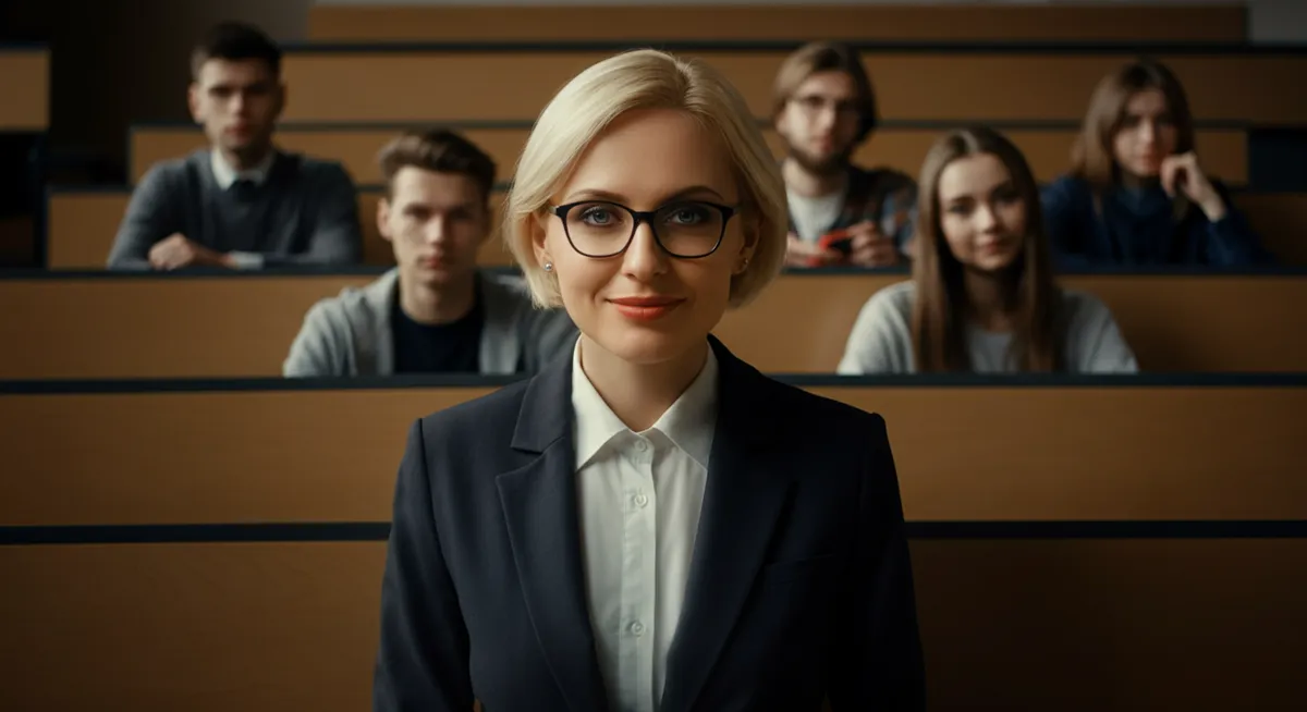 Polish students and professor discussing AI developments in a modern lecture hall at UEK