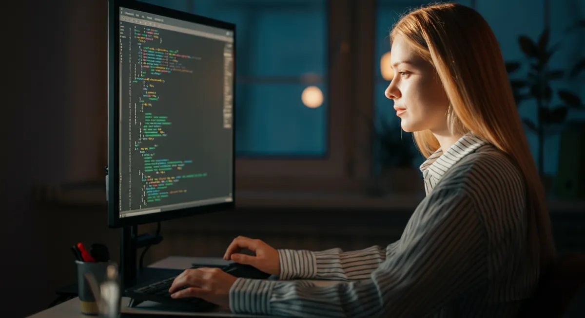 Polish developer analyzing a complex codebase on a large bright screen using AI tools