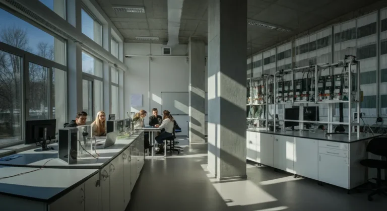 Modern university lobby with Polish students collaborating on AI projects under bright cinematic lighting