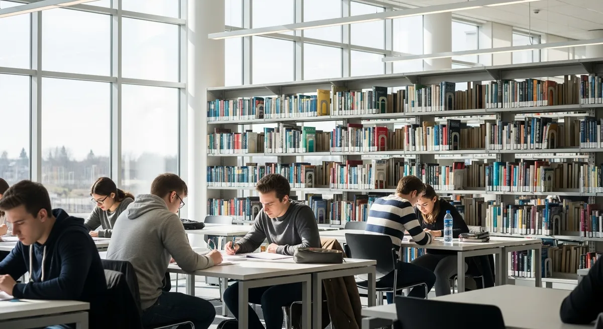 Jasne i nowoczesne wnętrze uniwersyteckiej biblioteki ze studentami