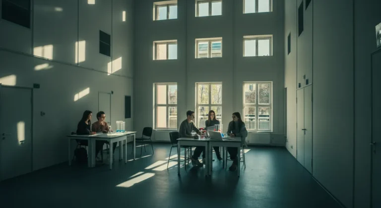 Studenci omawiają modele AI w nowoczesnym laboratorium