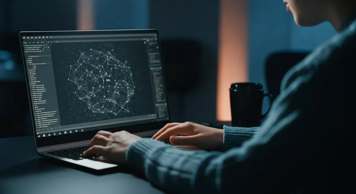 Programista analizujący kod modeli Mistral AI na laptopie